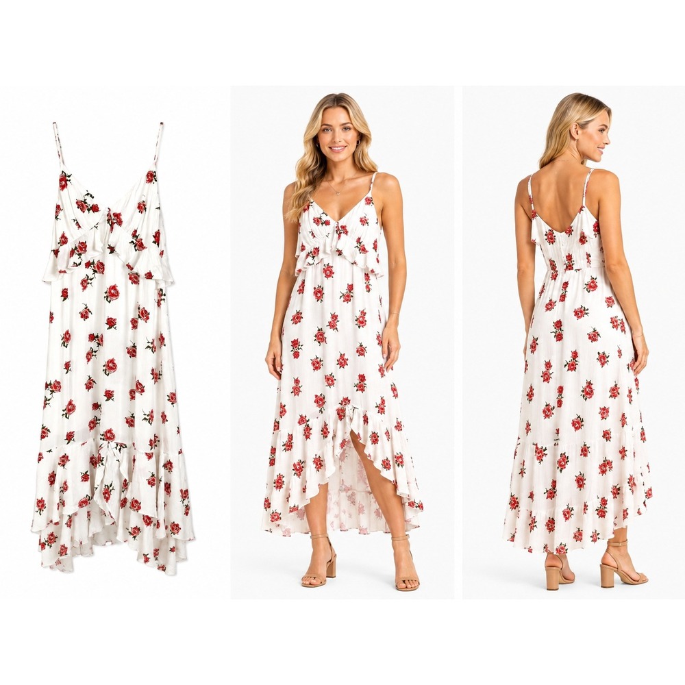 Lulus Dress L Red Rose Floral Ruffle Cottagecore Romantic Summer Wedding Guest